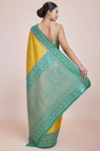 yellow silk blend banarasi jacuard work saree with unstitched blouse piece