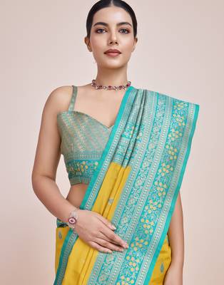yellow silk blend banarasi jacuard work saree with unstitched blouse piece 4