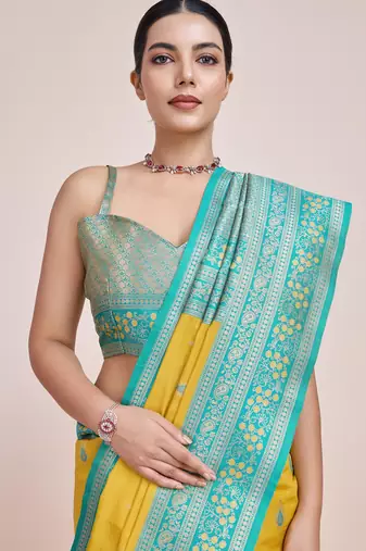 yellow silk blend banarasi jacuard work saree with unstitched blouse piece
