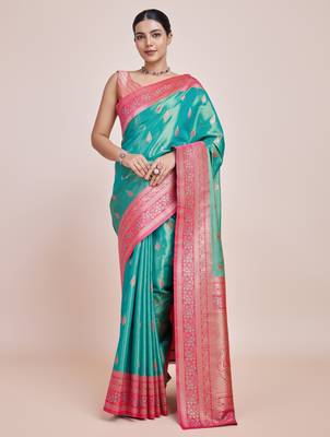 rama silk blend banarasi jacuard work saree with unstitched blouse piece 1