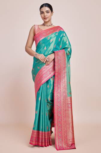 rama silk blend banarasi jacuard work saree with unstitched blouse piece