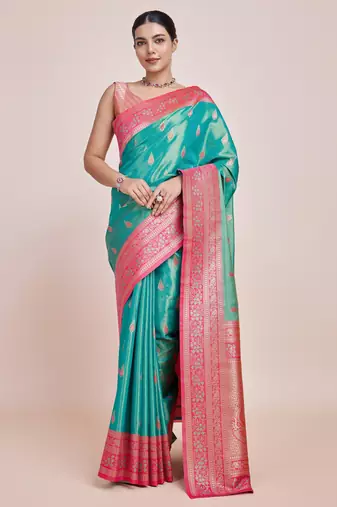rama silk blend banarasi jacuard work saree with unstitched blouse piece