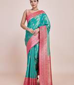 rama silk blend banarasi jacuard work saree with unstitched blouse piece
