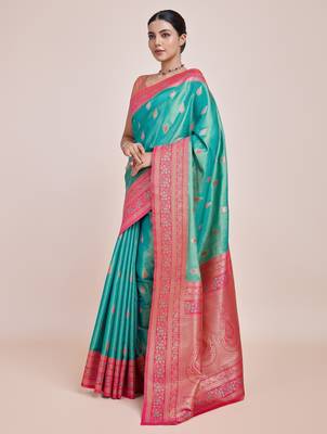 rama silk blend banarasi jacuard work saree with unstitched blouse piece 2