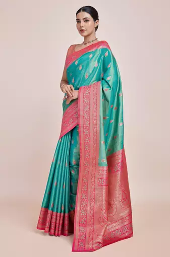rama silk blend banarasi jacuard work saree with unstitched blouse piece