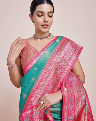 rama silk blend banarasi jacuard work saree with unstitched blouse piece 4