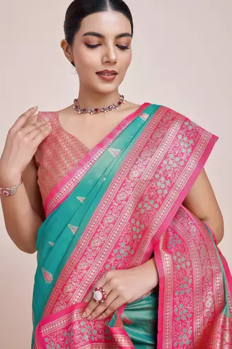 rama silk blend banarasi jacuard work saree with unstitched blouse piece
