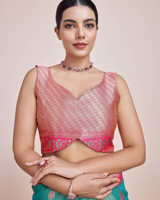 rama silk blend banarasi jacuard work saree with unstitched blouse piece 5