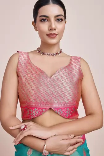 rama silk blend banarasi jacuard work saree with unstitched blouse piece