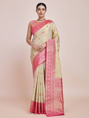 cream silk blend banarasi jacuard work saree with unstitched blouse piece 1
