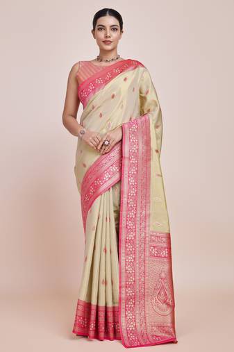 cream silk blend banarasi jacuard work saree with unstitched blouse piece