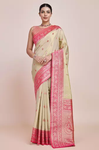 cream silk blend banarasi jacuard work saree with unstitched blouse piece