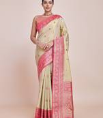 cream silk blend banarasi jacuard work saree with unstitched blouse piece