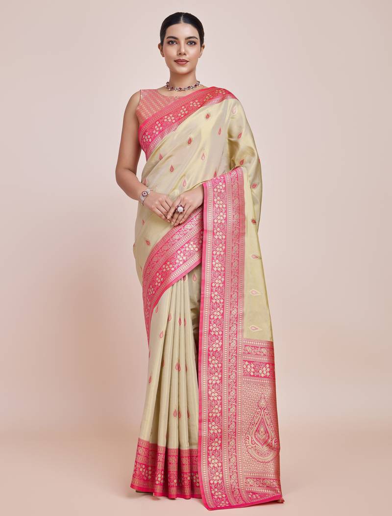 cream silk blend banarasi jacuard work saree with unstitched blouse piece