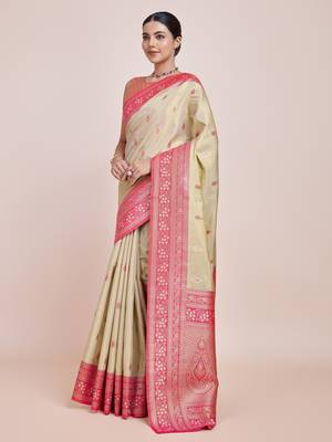 cream silk blend banarasi jacuard work saree with unstitched blouse piece 2