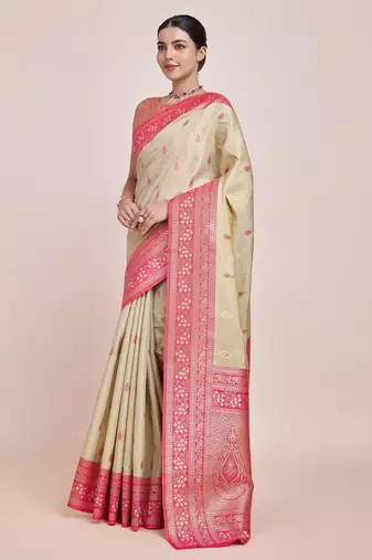 cream silk blend banarasi jacuard work saree with unstitched blouse piece