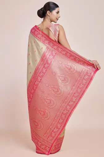 cream silk blend banarasi jacuard work saree with unstitched blouse piece
