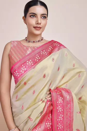cream silk blend banarasi jacuard work saree with unstitched blouse piece
