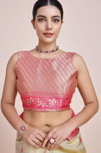 cream silk blend banarasi jacuard work saree with unstitched blouse piece