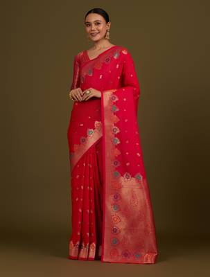 pink silk blend banarasi jacuard work saree with unstitched blouse piece 1