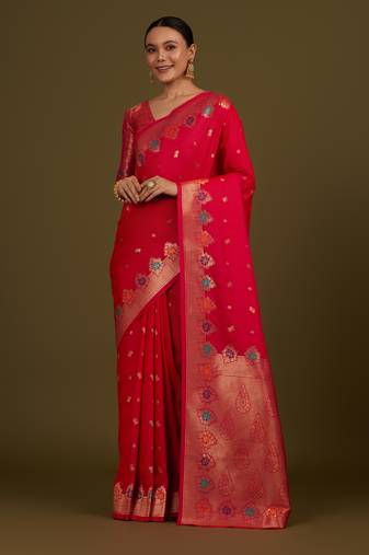 pink silk blend banarasi jacuard work saree with unstitched blouse piece