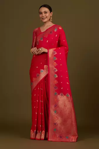 pink silk blend banarasi jacuard work saree with unstitched blouse piece