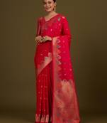 pink silk blend banarasi jacuard work saree with unstitched blouse piece