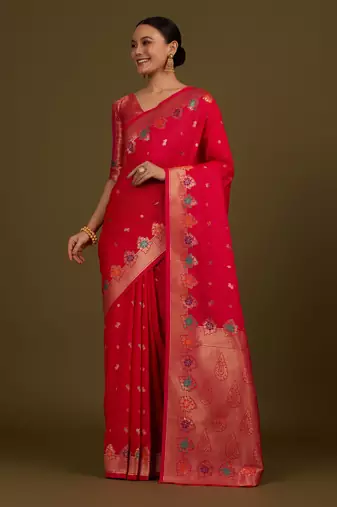 pink silk blend banarasi jacuard work saree with unstitched blouse piece