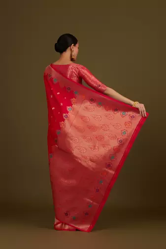 pink silk blend banarasi jacuard work saree with unstitched blouse piece