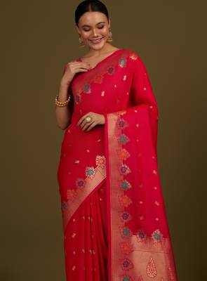 pink silk blend banarasi jacuard work saree with unstitched blouse piece 4