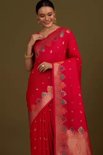 pink silk blend banarasi jacuard work saree with unstitched blouse piece