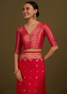 pink silk blend banarasi jacuard work saree with unstitched blouse piece 5