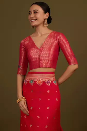 pink silk blend banarasi jacuard work saree with unstitched blouse piece