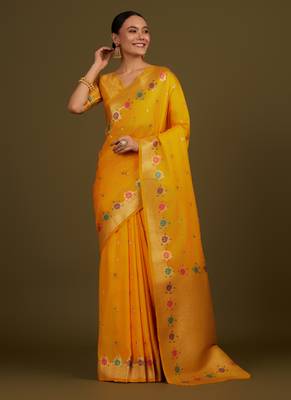 yeloow silk blend banarasi jacuard work saree with unstitched blouse piece 1