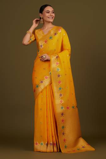 yeloow silk blend banarasi jacuard work saree with unstitched blouse piece