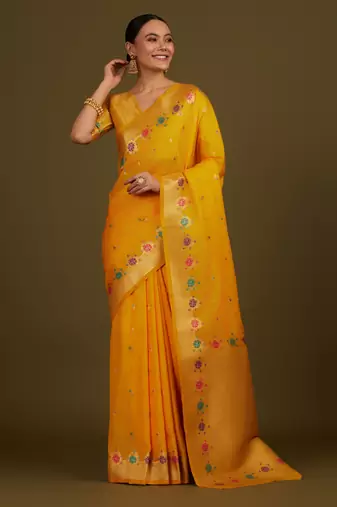 yeloow silk blend banarasi jacuard work saree with unstitched blouse piece