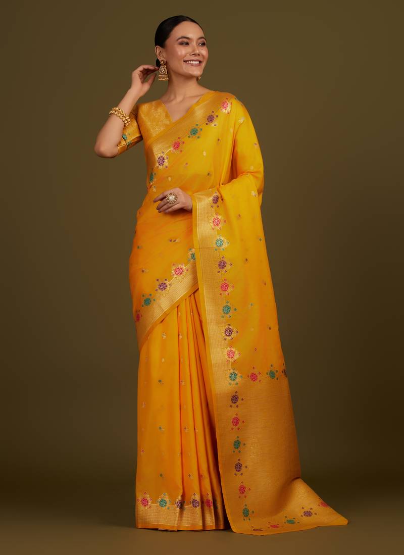 yeloow silk blend banarasi jacuard work saree with unstitched blouse piece
