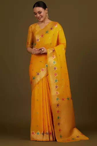 yeloow silk blend banarasi jacuard work saree with unstitched blouse piece