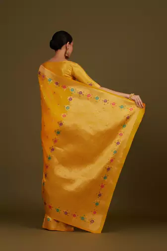 yeloow silk blend banarasi jacuard work saree with unstitched blouse piece