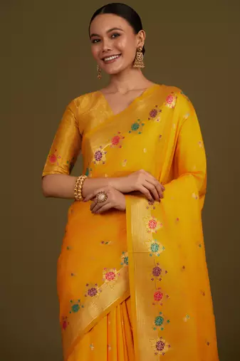 yeloow silk blend banarasi jacuard work saree with unstitched blouse piece