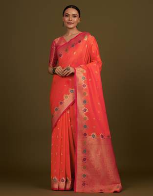 orange silk blend banarasi jacuard work saree with unstitched blouse piece 1
