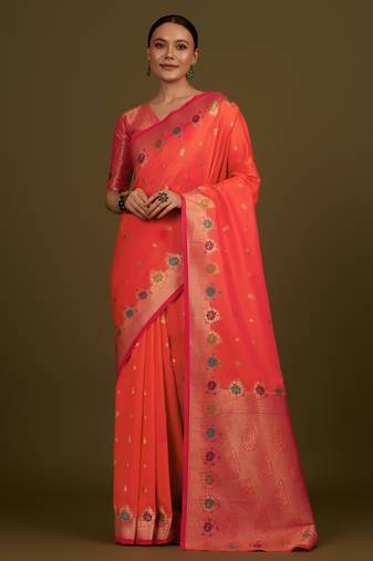 orange silk blend banarasi jacuard work saree with unstitched blouse piece