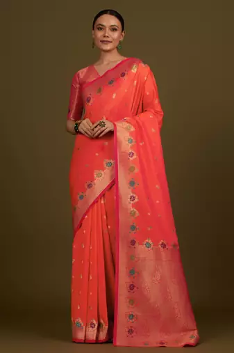 orange silk blend banarasi jacuard work saree with unstitched blouse piece