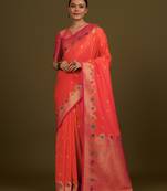 orange silk blend banarasi jacuard work saree with unstitched blouse piece