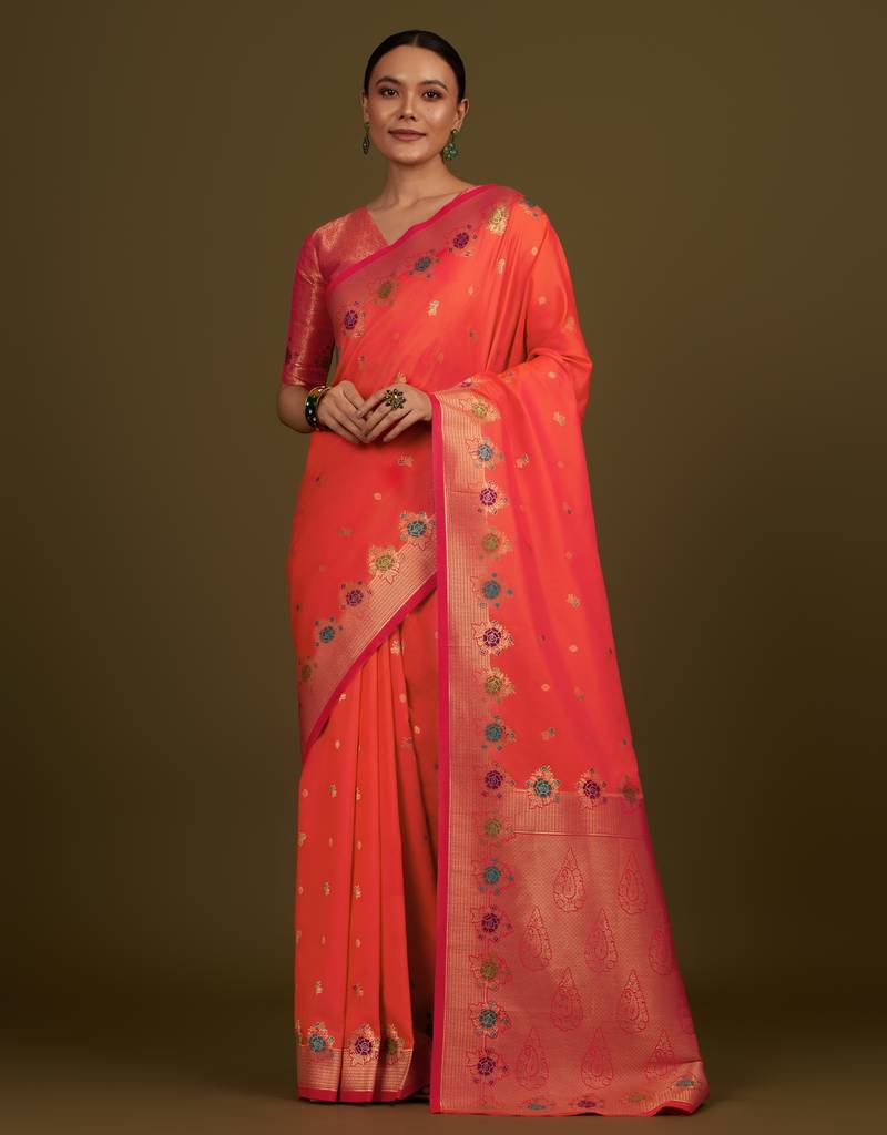 orange silk blend banarasi jacuard work saree with unstitched blouse piece
