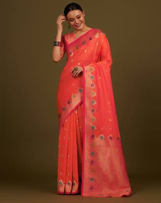 orange silk blend banarasi jacuard work saree with unstitched blouse piece 2