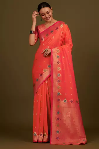 orange silk blend banarasi jacuard work saree with unstitched blouse piece