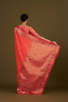 orange silk blend banarasi jacuard work saree with unstitched blouse piece 3