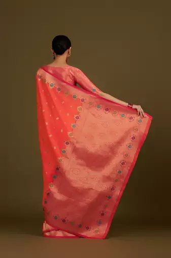 orange silk blend banarasi jacuard work saree with unstitched blouse piece