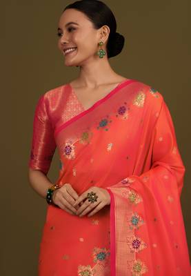 orange silk blend banarasi jacuard work saree with unstitched blouse piece 4